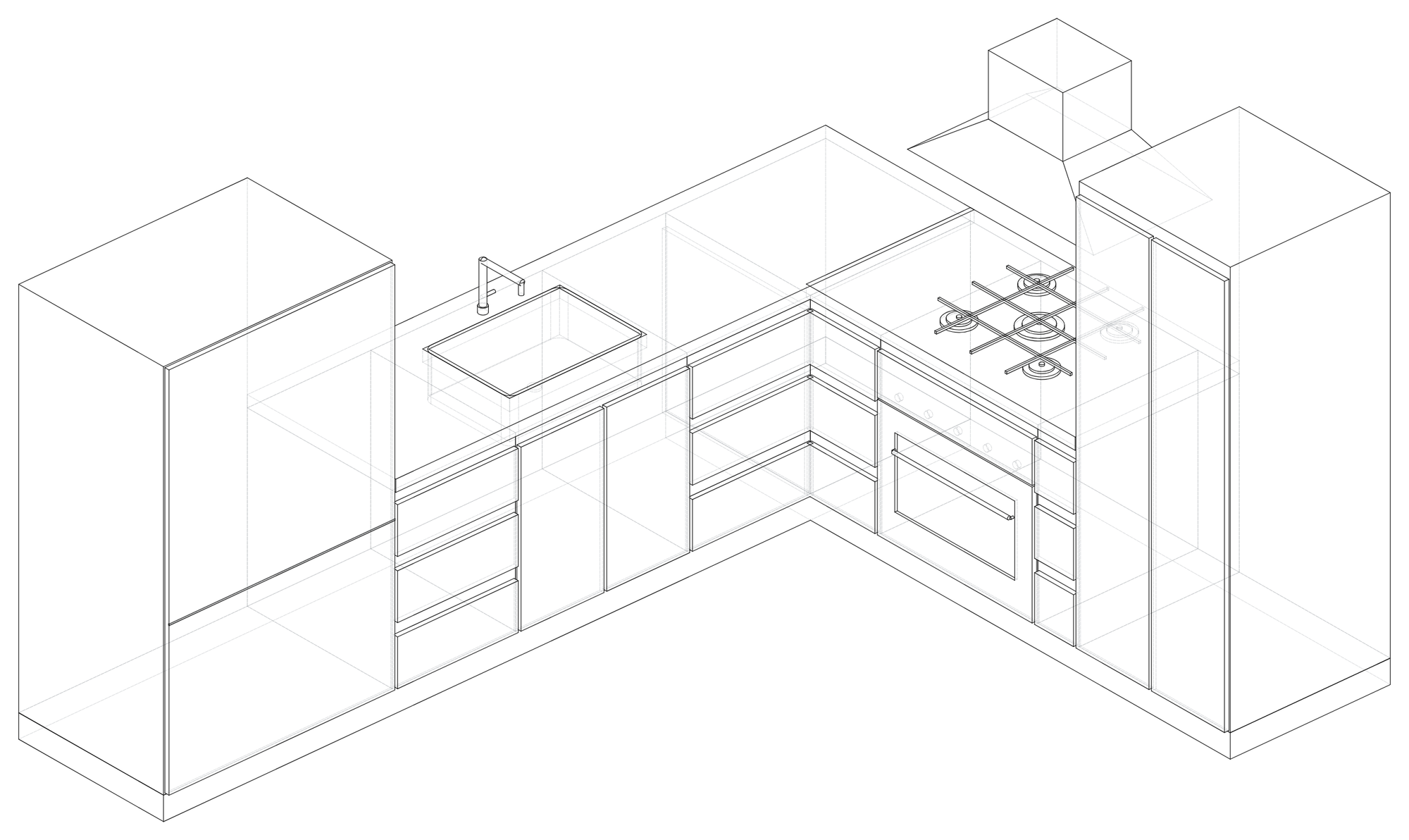 Isométrico del anteproyecto de una cocina de acero inoxidable: refrigerador, tarja, estufa, horno empotrado y campana