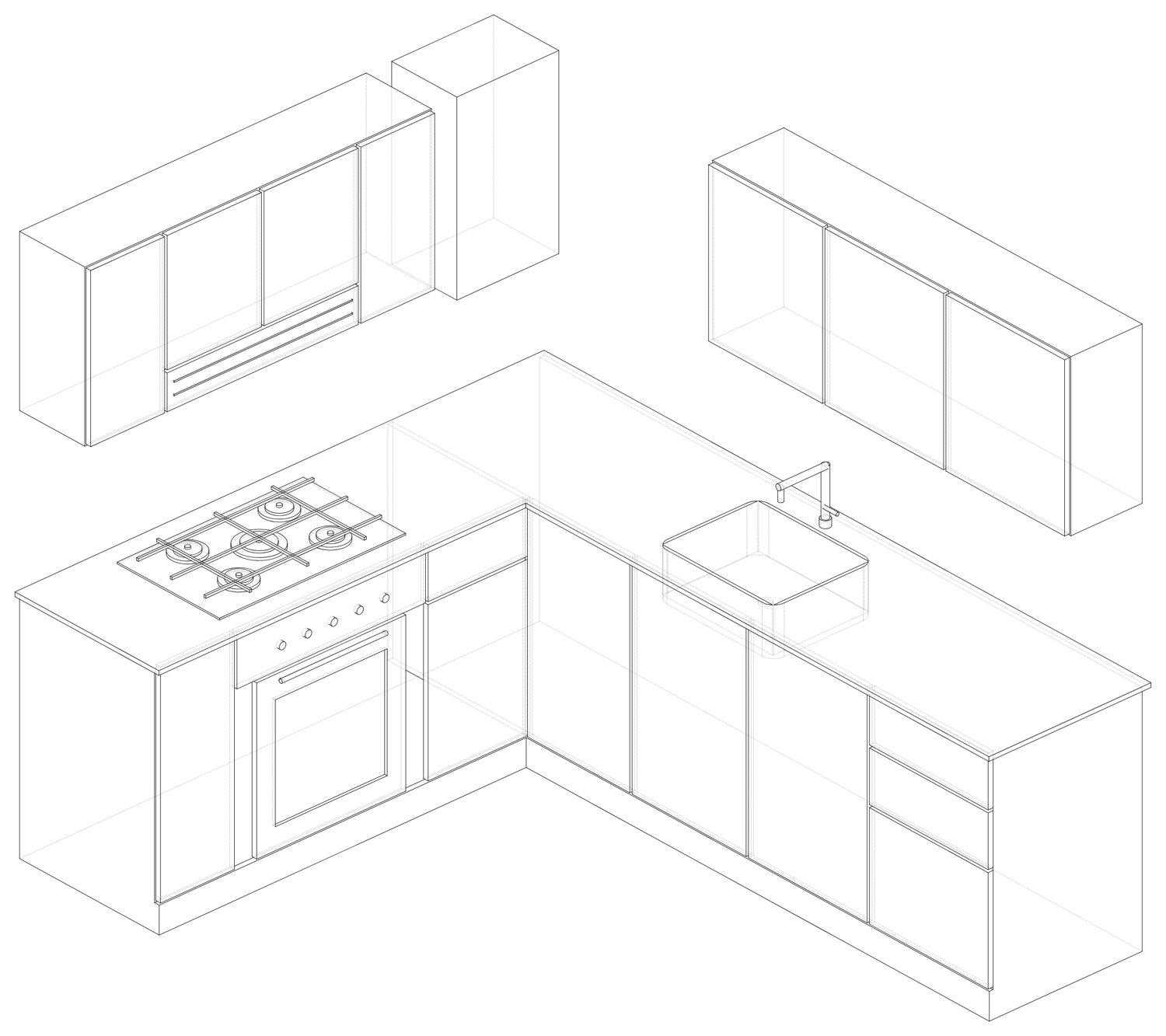 Isométrico 3D del diseño de cocina a la medida