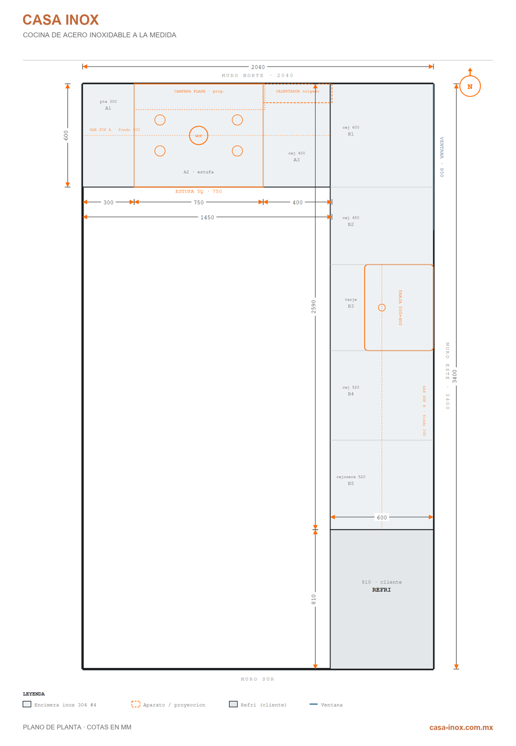 Plano de planta acotado de la cocina a la medida